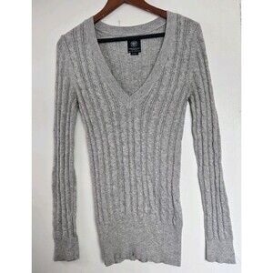 American Eagle Sweater Womens‎ L Y2K Grey V Neck Cableknit Wool Blend Long Slim